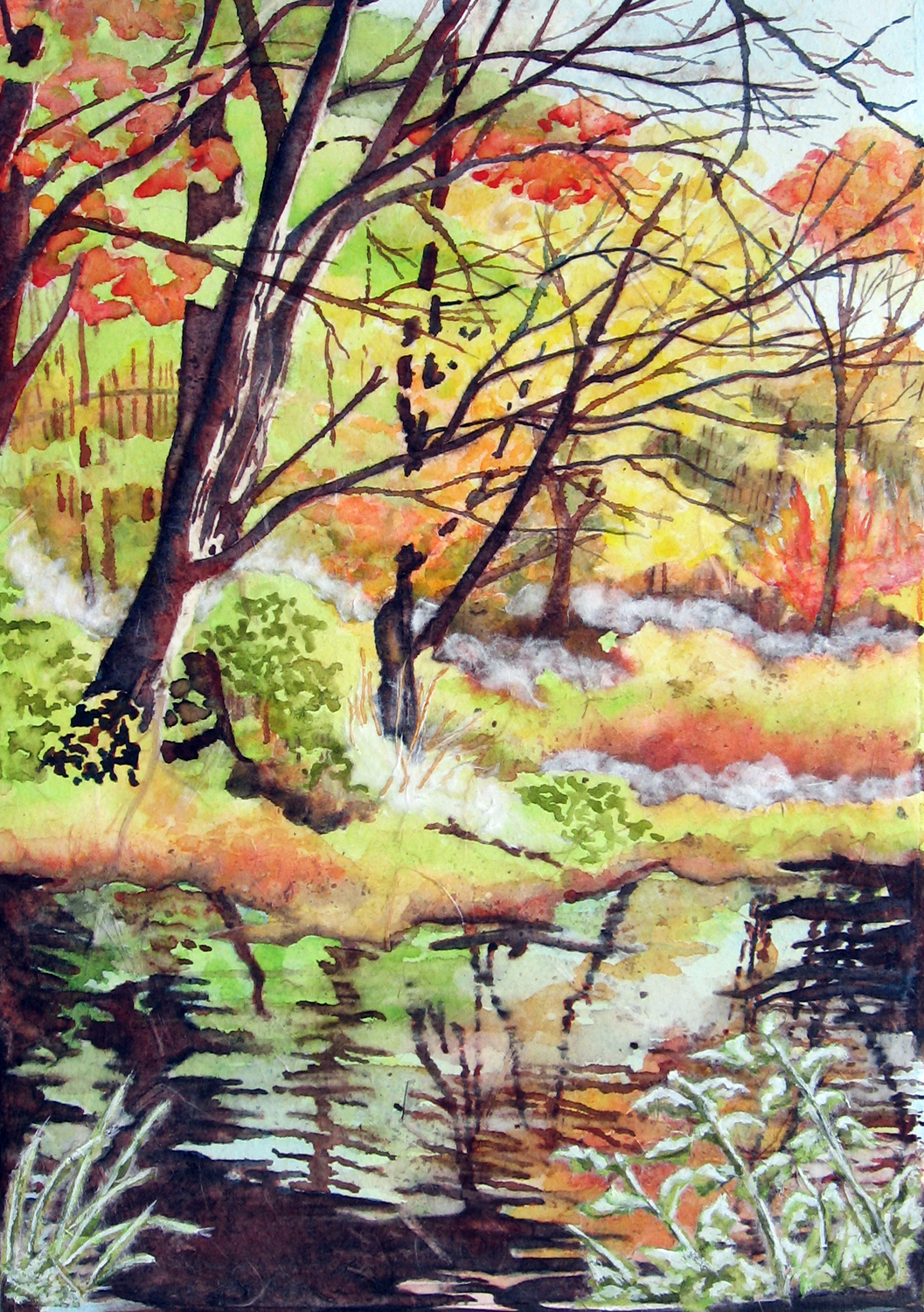 1057x1500 Woods And Pond Watercolor And Rice Paper Collage Leslie White - Watercolor Collage Techniques