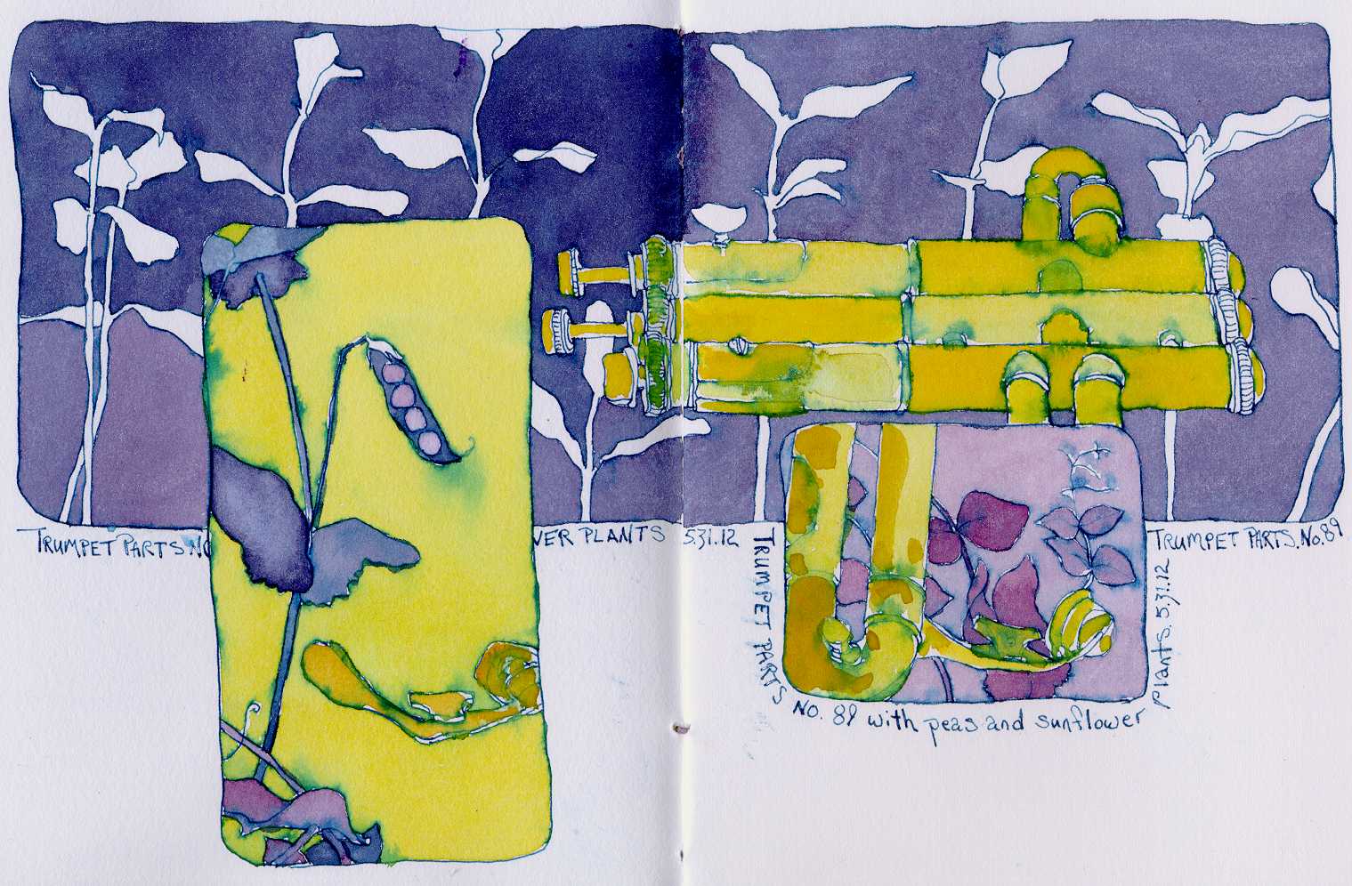 1519x996 Trumpet Parts 89 Pea Plants Sunflower Seedlings Ink Watercolor - Watercolor Color Schemes
