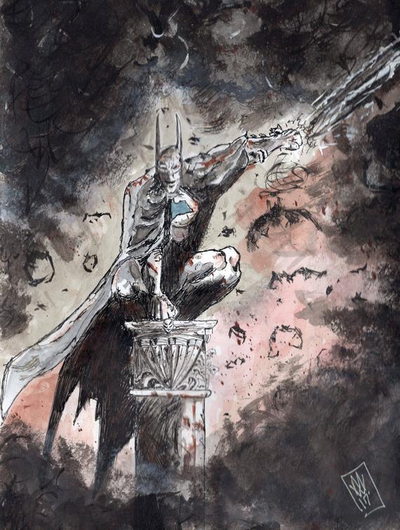 570x756 Batman Perched Comic Art Watercolor Ink Wash Original Art Etsy - Watercolor Comic Art