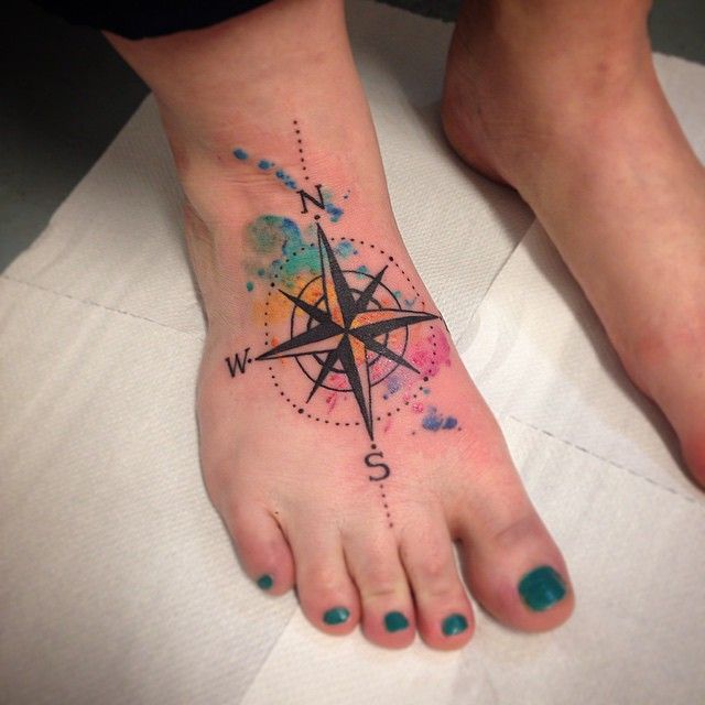 640x640 Watercolor Compass Tattoo On Girl Right Foot - Watercolor Compass Tattoo
