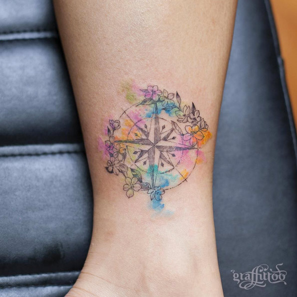 595x595 Floral Watercolor Compass Tattoo - Watercolor Compass Tattoo