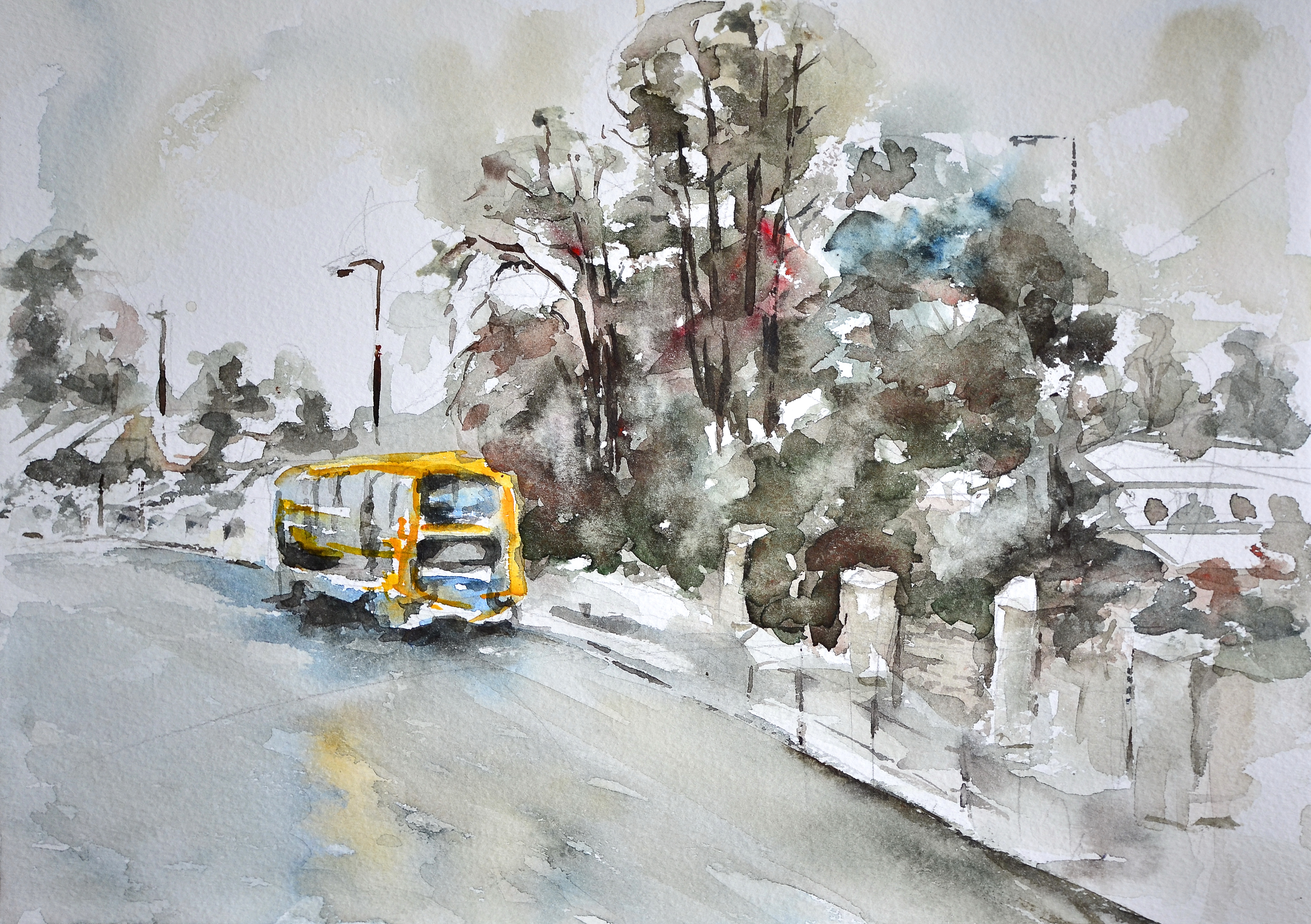 4337x3057 City Landscape Composition With Bus, Watercolor Cm Tofan - Watercolor Composition