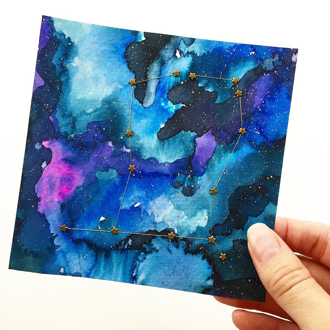 1080x1080 Gold Constellation In A Hand Painted Watercolor Galaxy Maiden - Watercolor Constellation
