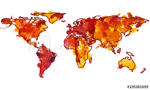500x300 2d Hand Drawn Illustration Of World Map. Red Yellow Splash - Watercolor Continents
