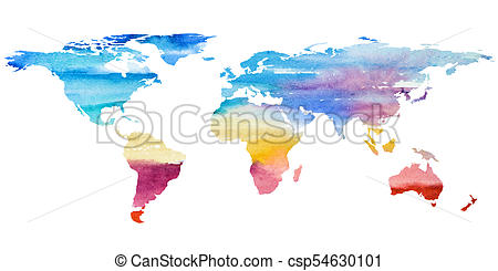 450x245 2d Hand Drawn Illustration Of World Map. Color Gradiented - Watercolor Continents