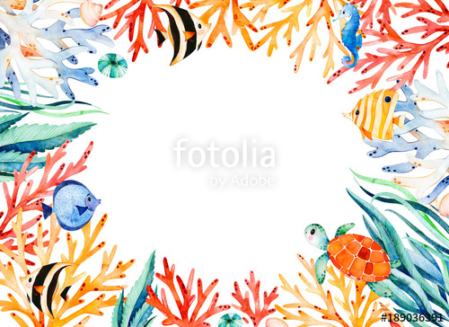 500x364 Oceanic Watercolor Frame Border With Cute Turtle,seaweed,coral - Watercolor Coral Reef