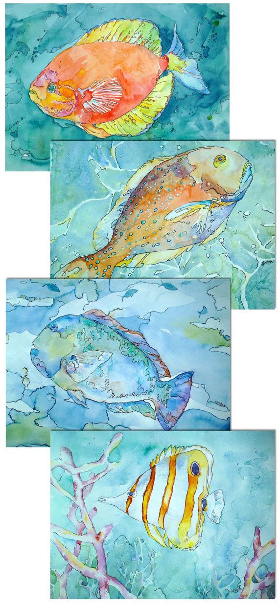 570x1235 Tropical Watercolors! Coral Reef Fish Prints Set Of 4 By Kim Solga - Watercolor Coral Reef
