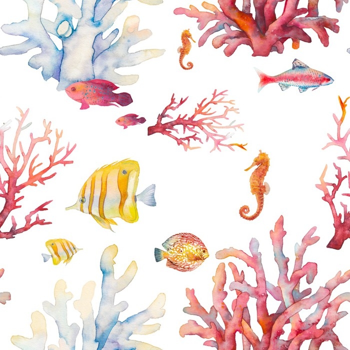 700x700 Watercolor Coral Reef Seamless Pattern. Hand Drawn Realistic - Watercolor Coral Reef