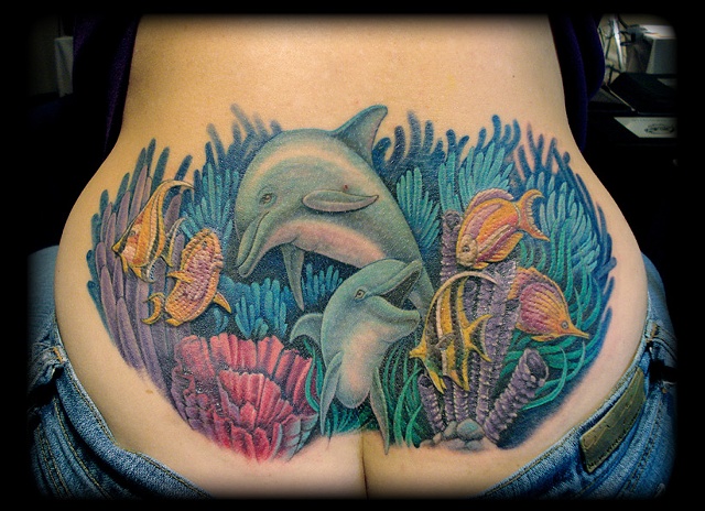 640x464 Girl Abstract Dolphin Fish Tattoos Gallery Design Idea For Men And - Watercolor Coral Reef Tattoo