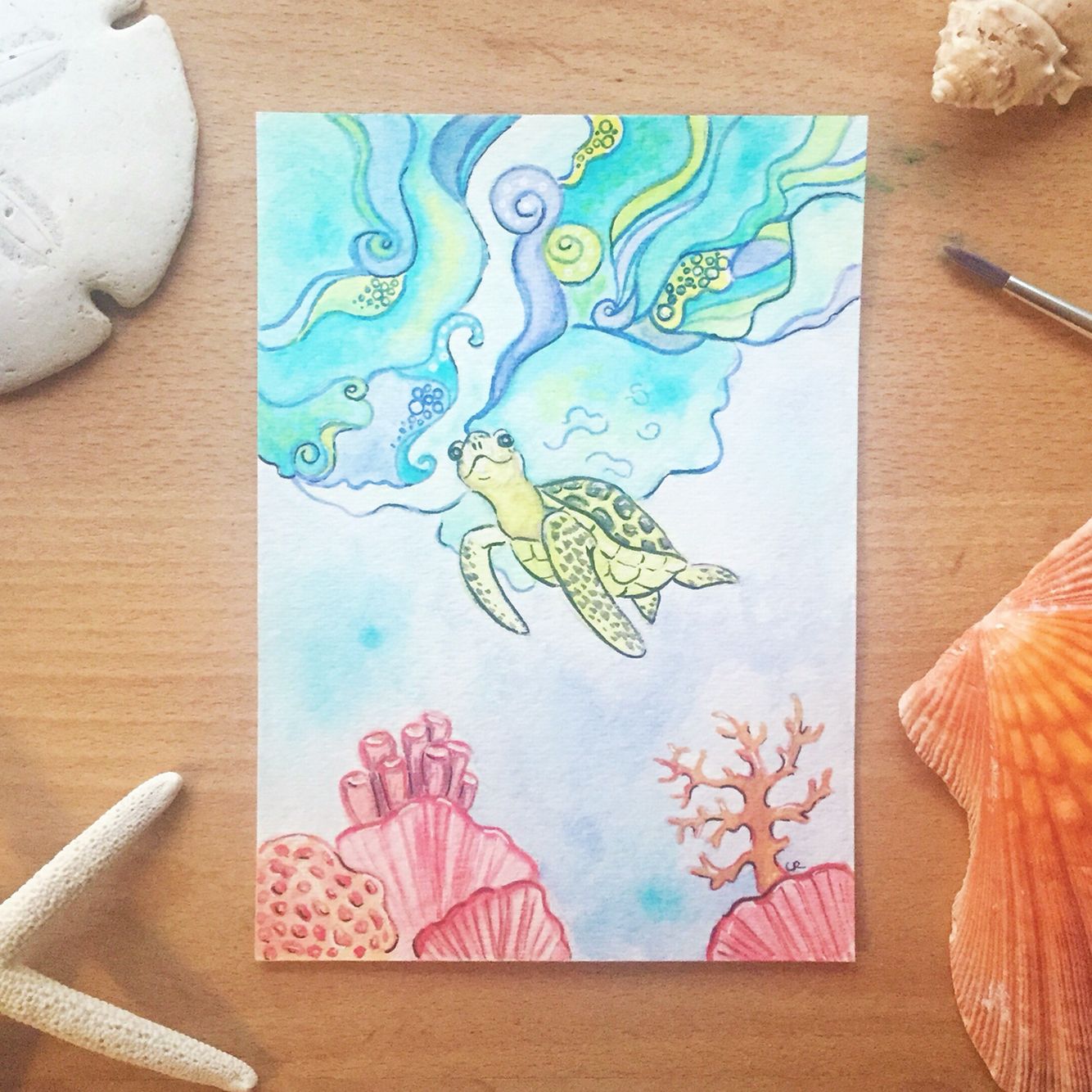 1334x1334 Seaturtle Whimsy Wave Watercolor. Coral Reef Tattoos - Watercolor Coral Reef Tattoo