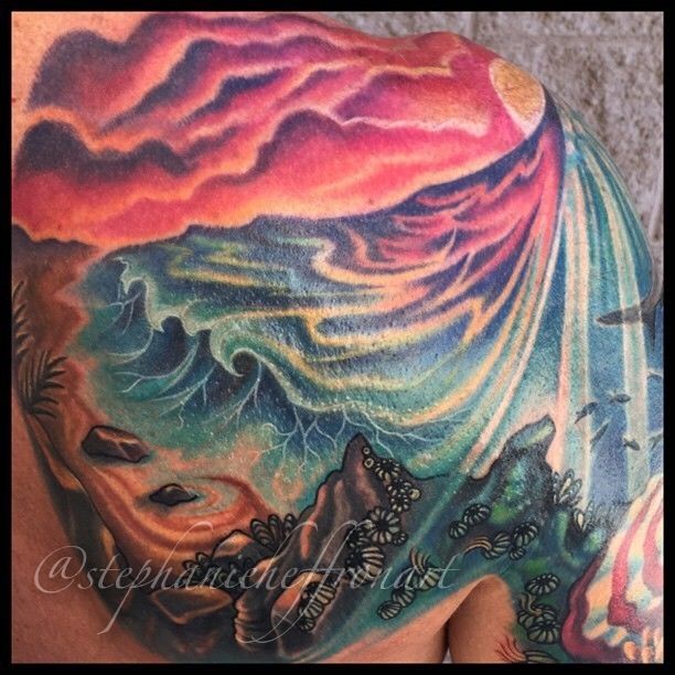 612x612 Stephanieheffronocean Sunset Ocean Wave Beach Sunset Crustacean - Watercolor Coral Reef Tattoo