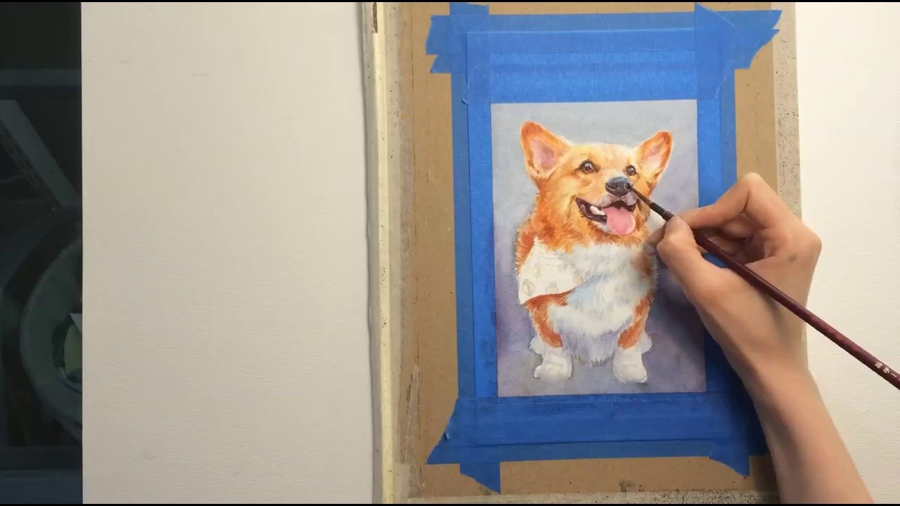 1280x720 Time Lapse Watercolor Pet Portrait (Corgi) - Watercolor Corgi