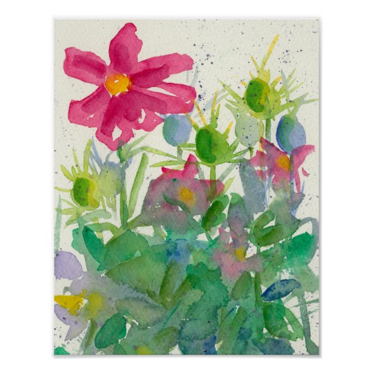540x540 Pink Cosmos Nigella Watercolor Flower Painting Poster - Watercolor Cosmos