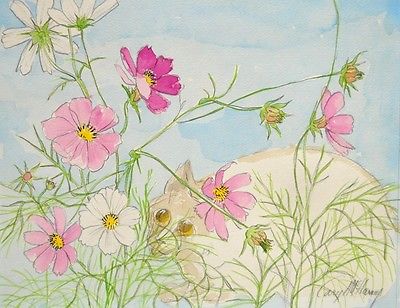400x308 Cosmos Flowers Amp Crouching Cat, By Caryl Mcharney, Original - Watercolor Cosmos