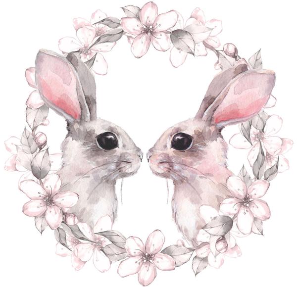 600x580 Adorable Watercolor Bunny Rabbit Couple With Flower Border Vinyl - Watercolor Couple