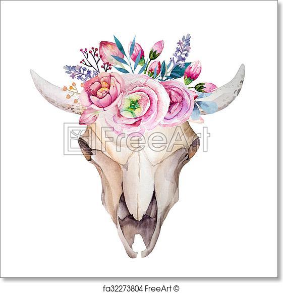 561x581 Free Art Print Of Watercolor Cow Skull With Flowers And Feathers - Watercolor Cow