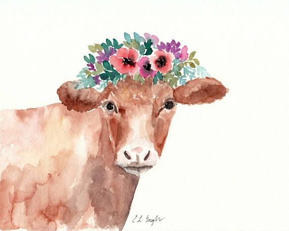 570x456 Watercolor Cow Painting, 8x10, Farmhouse Decor, Brown Cow - Watercolor Cow