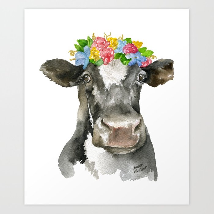 700x700 Black And White Cow With Floral Crown Watercolor Painting Art - Watercolor Cow