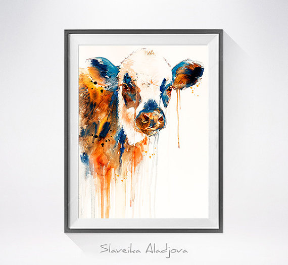 570x525 Cow 2 Watercolor Painting Print - Watercolor Cow Painting