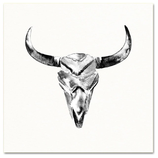 640x640 Horns No. 3 Black And White Bull Skull Watercolor Art Print - Watercolor Cow Skull