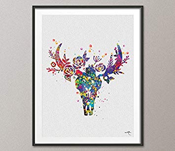 355x307 Bull Skull Watercolor Print Boho Chic Wall Art Floral - Watercolor Cow Skull