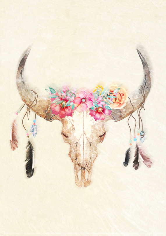 570x807 Wall Art Prints Watercolour Print Cow Skull With Flowers - Watercolor Cow Skull