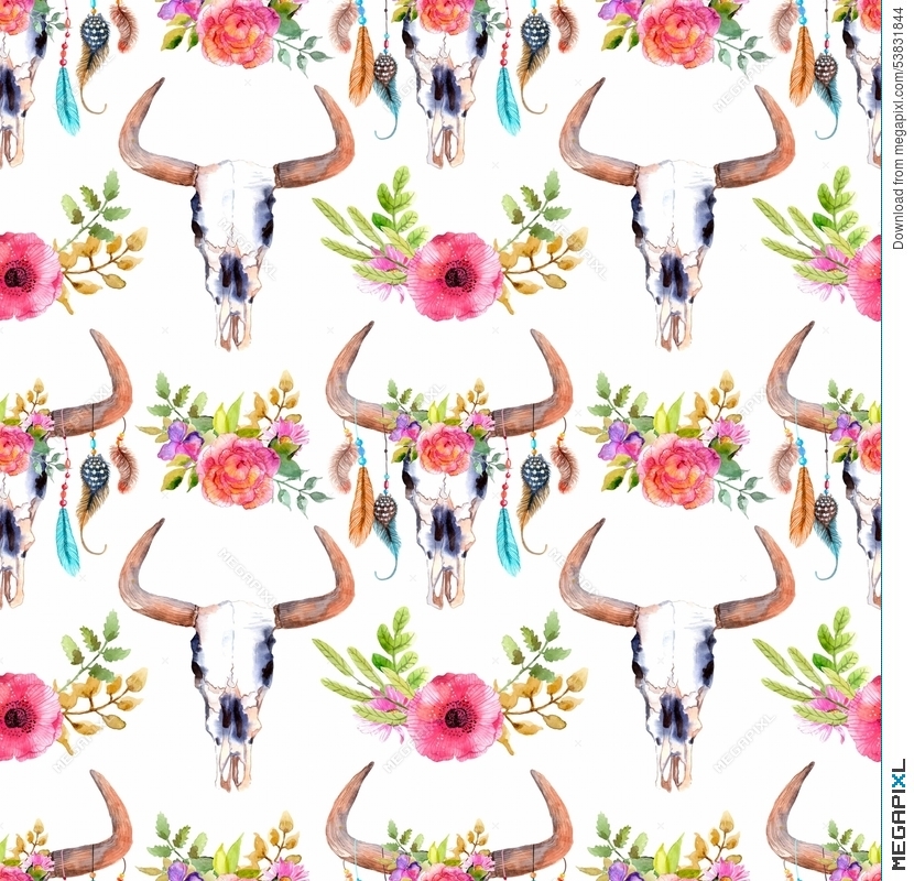 830x800 Watercolor Bull Skull With Flowers And Feathers Illustration - Watercolor Cow Skull