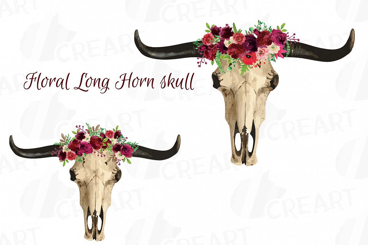 1200x800 Watercolor Floral Longhorn Bull Skull Clipart, Boho Tribal - Watercolor Cow Skull