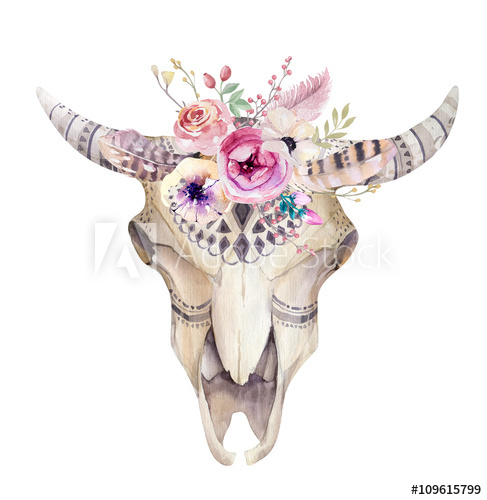 487x500 Watercolor Bohemian Cow Skull. Western Mammals. Watercolour Hip - Watercolor Cow Skull
