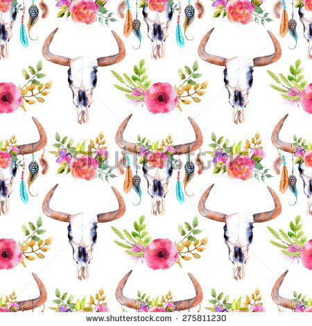 450x470 Watercolor Bull Skull With Flowers And Feathers, Seamless - Watercolor Cow Skull