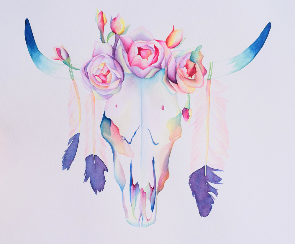1000x827 Watercolor Courtney Pomeroy Art - Watercolor Cow Skull