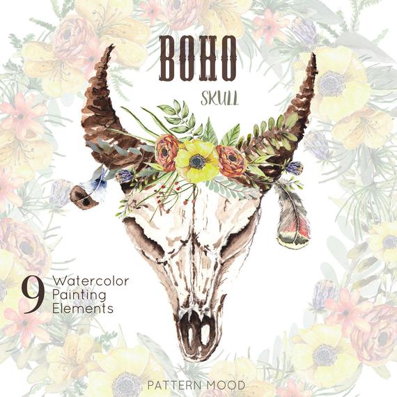 570x570 Boho Skull Watercolor Skulls With Horns And Flowers Cow Etsy - Watercolor Cow Skull