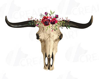 340x270 Bull Skull With Watercolor Berries And Pine Tree Clip Art - Watercolor Cow Skull