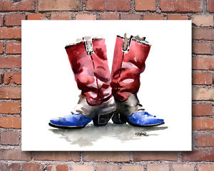 300x241 Cowboy Boots Watercolor Western Art Print Signed By Artist Djr Ebay - Watercolor Cowboy Boots