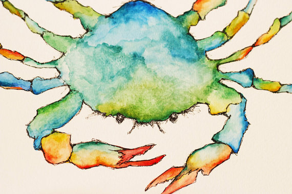 570x380 Blue Crab. [Original Watercolor] Coastal Art. 9 X 12. Beach - Watercolor Crab