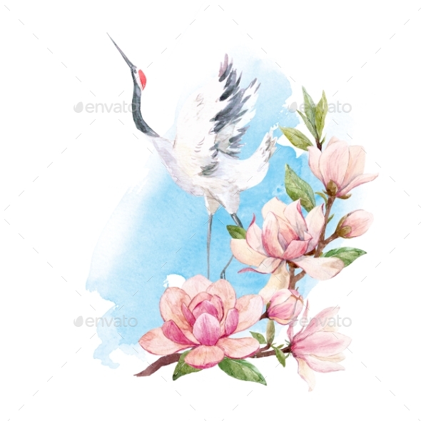590x590 Watercolor Crane Composition By Zenina Graphicriver - Watercolor Crane