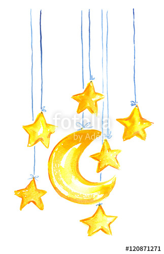 323x500 Crescent Moon And Stars Hanging From Strings Painted In Watercolor - Watercolor Crescent Moon