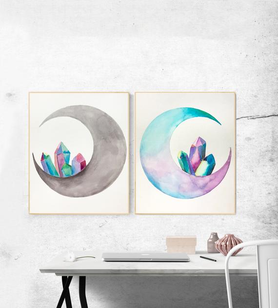 570x631 Watercolor Crescent Moon Art Crescent Moon Painting Crystal - Watercolor Crescent Moon