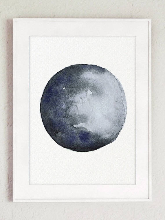 570x760 Waxing Crescent Moon Watercolor Painting, Navy Blue Anniversary - Watercolor Crescent Moon