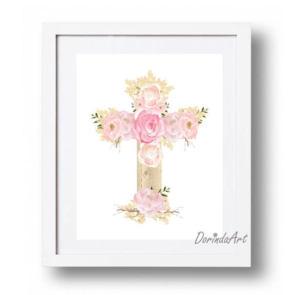 570x576 Easter Printable Decor Watercolor Cross Print Pink Floral Etsy - Watercolor Cross