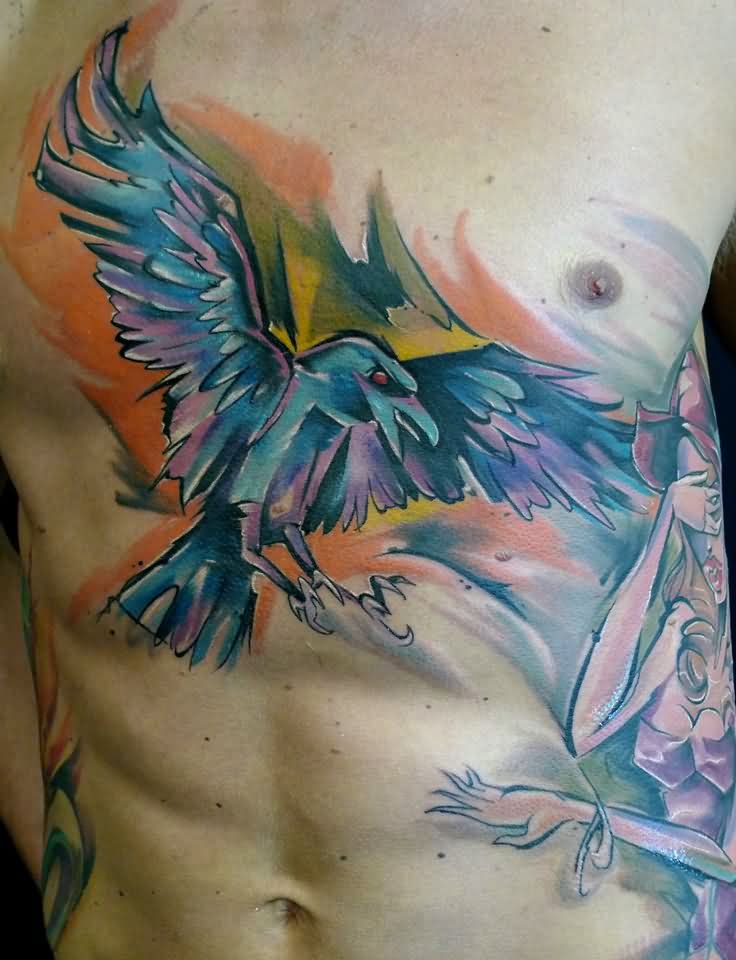 736x960 Watercolor Flying Crow Tattoo On Man Chest - Watercolor Crow Tattoo