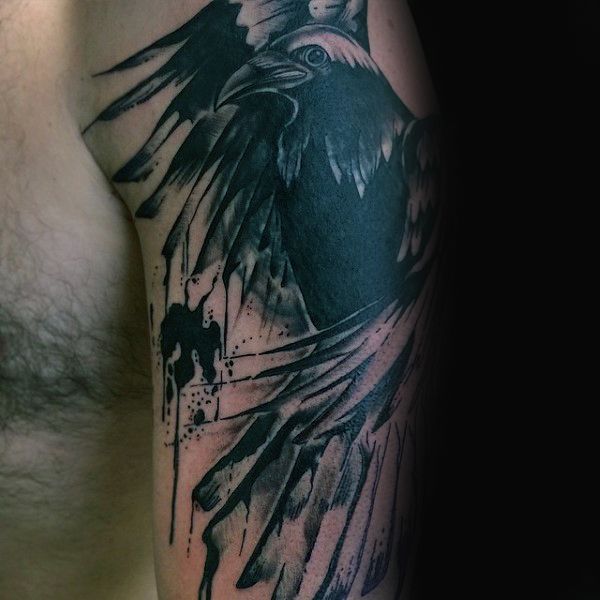 600x600 Abstract Guys Watercolor Black Crow Tattoo On Arm - Watercolor Crow Tattoo