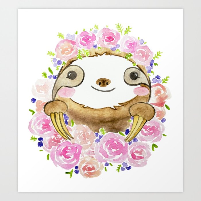 700x700 Happy Little Watercolor Sloth With Flower Crown Art Print By - Watercolor Crown