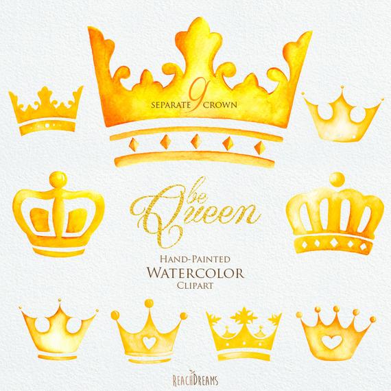 570x570 Watercolor Crown. Clipart Elements. Queen King Princess Golden Etsy - Watercolor Crown