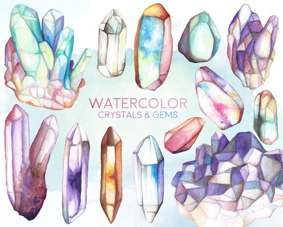 570x456 Watercolor Crystals And Gems Clipart 13 Hand Painted Crystal Etsy - Watercolor Crystals