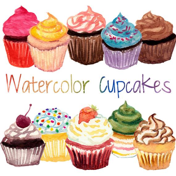 570x570 Watercolor Cupcakes Cupcake Clip Art Dessert Clip Art Food Etsy - Watercolor Cupcake