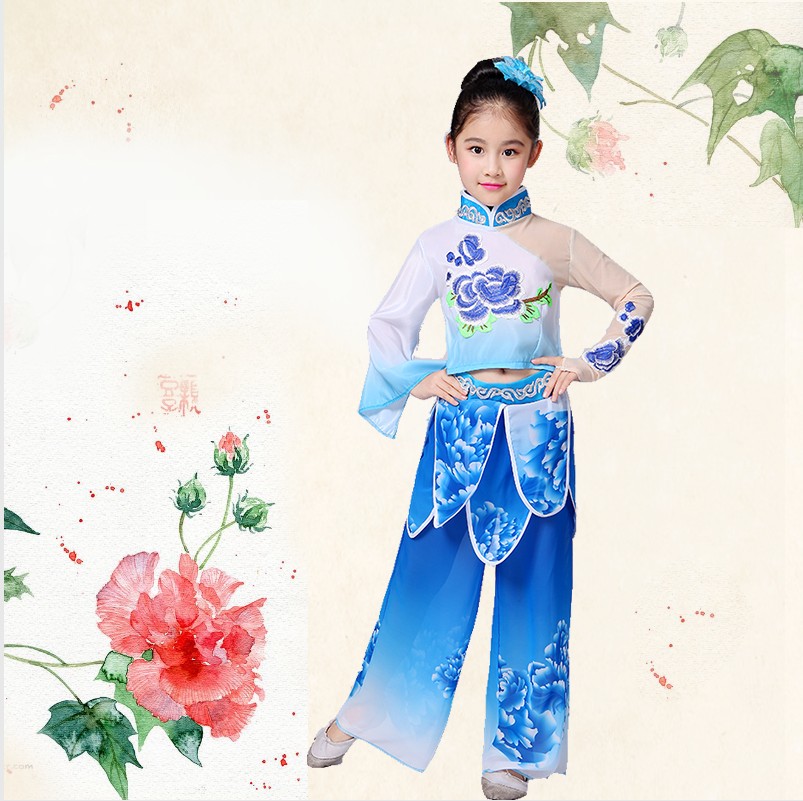 803x801 Chinese Blue Folk Dance Costume For Stage Girl Fan Dance Clothing - Watercolor Dance Dress