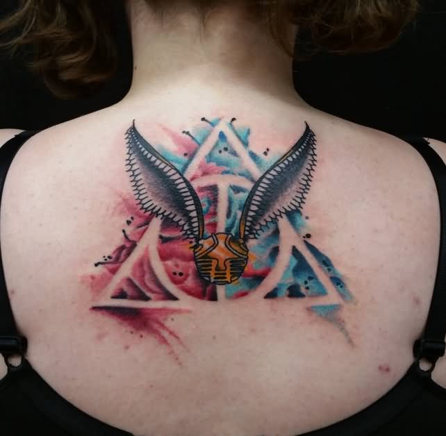 642x628 Watercolor Deathly Hallow Symbol With Snitch Tattoo On Upper Back - Watercolor Deathly Hallows