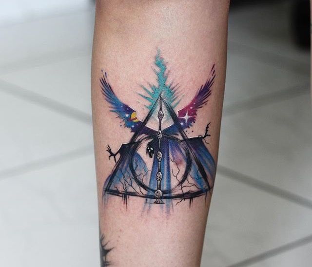 640x548 Watercolor Tattoo - Watercolor Deathly Hallows