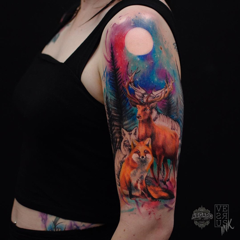 800x800 Deer Amp Fox Watercolor Sleeve Best Tattoo Design Ideas - Watercolor Deer Tattoo